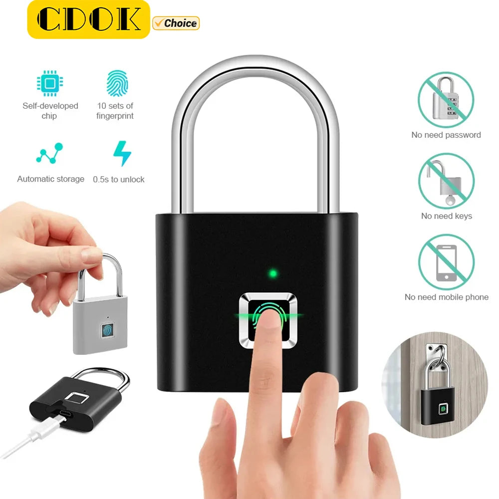 Smart Fingerprint Padlock - Rechargeable Waterproof Biometric Lock
